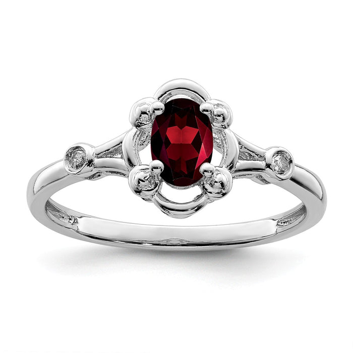 925 Sterling Silver Rhodium-plated Garnet & Diamond Ring, Size: 9