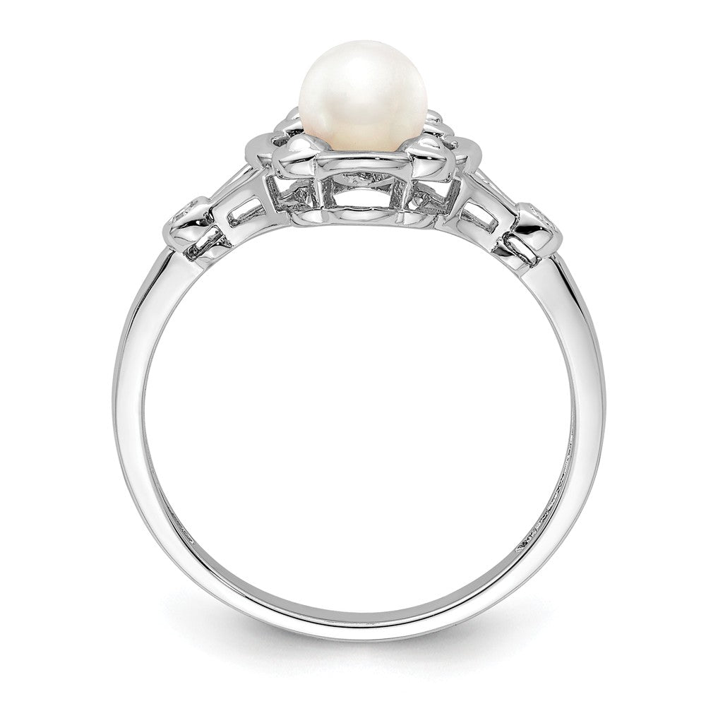 925 Sterling Silver Rhodium-plated Freshwater Cultured Pearl & Diamond Ring, Size: 10