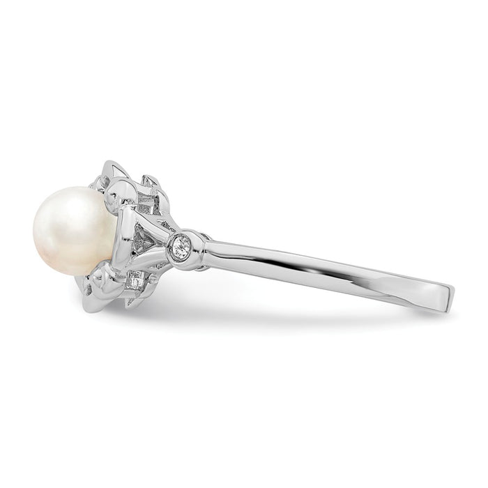 925 Sterling Silver Rhodium-plated Freshwater Cultured Pearl & Diamond Ring, Size: 10