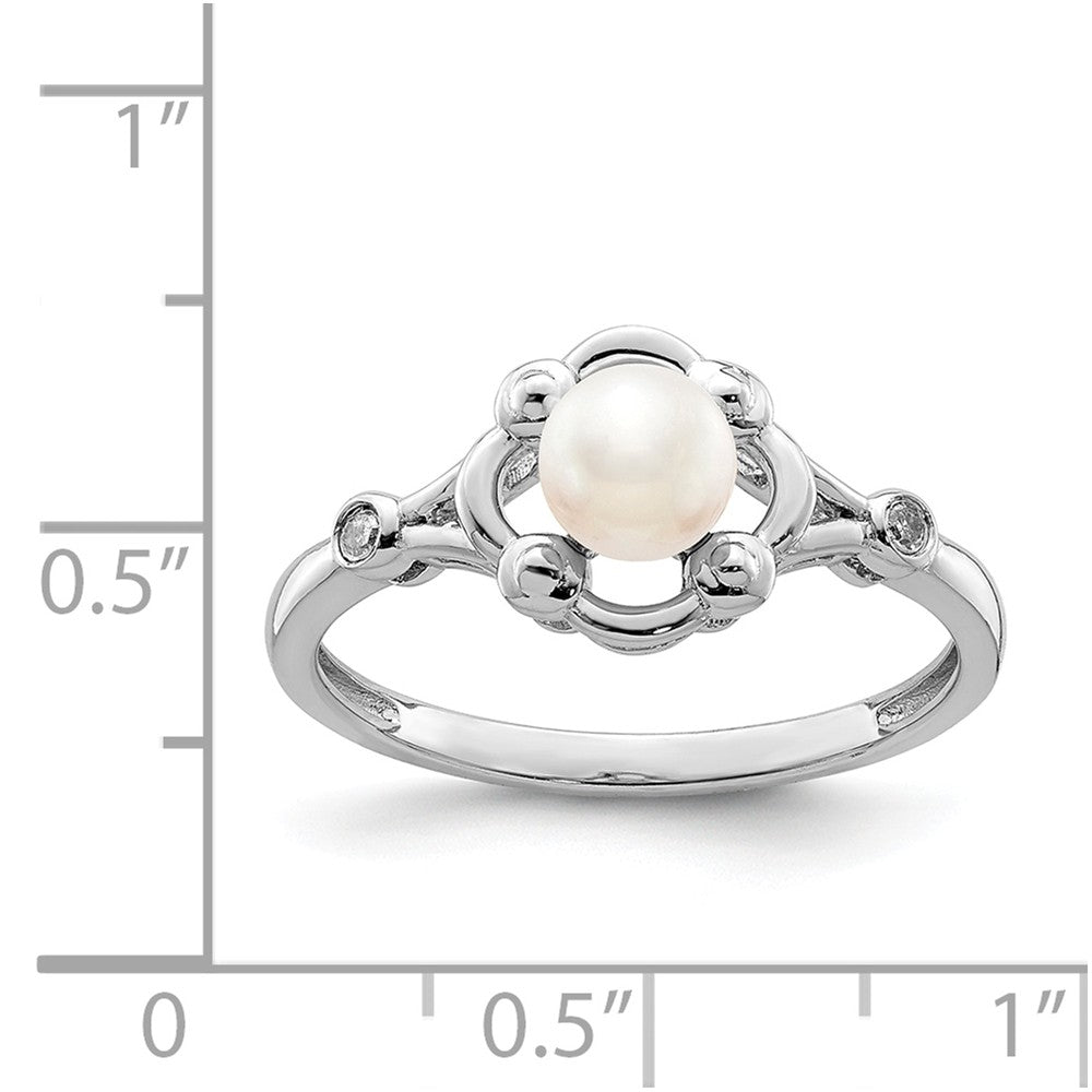 925 Sterling Silver Rhodium-plated Freshwater Cultured Pearl & Diamond Ring, Size: 8