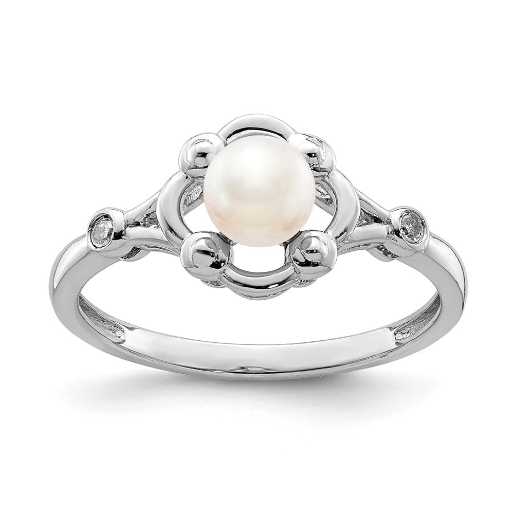 925 Sterling Silver Rhodium-plated Freshwater Cultured Pearl & Diamond Ring, Size: 10