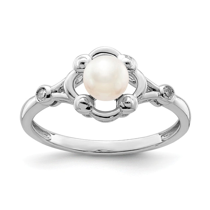 925 Sterling Silver Rhodium-plated Freshwater Cultured Pearl & Diamond Ring, Size: 6