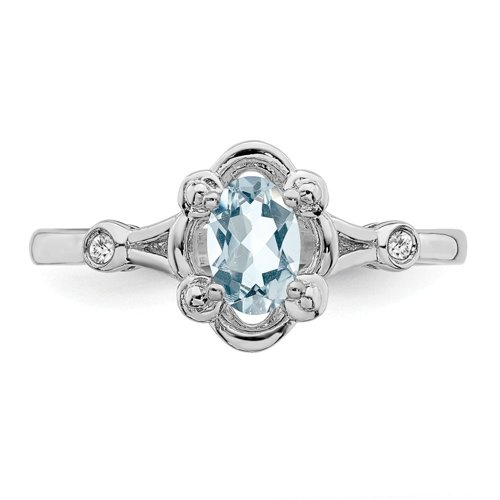 925 Sterling Silver Rhodium-plated Aquamarine & Diamond Ring, Size: 6