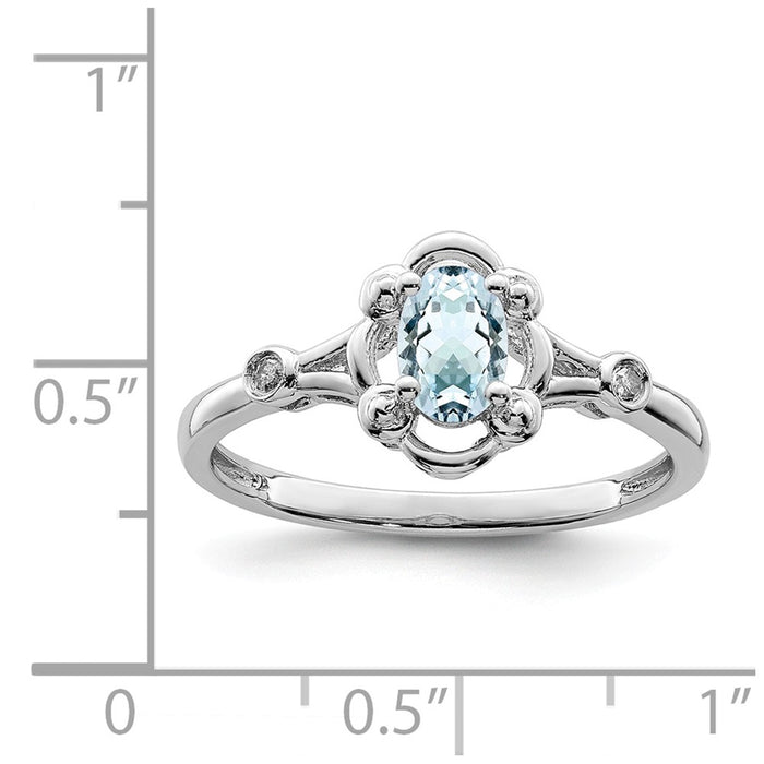 925 Sterling Silver Rhodium-plated Aquamarine & Diamond Ring, Size: 10