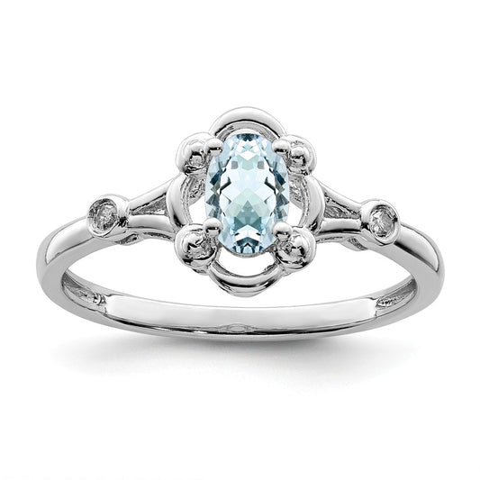 925 Sterling Silver Rhodium-plated Aquamarine & Diamond Ring, Size: 7