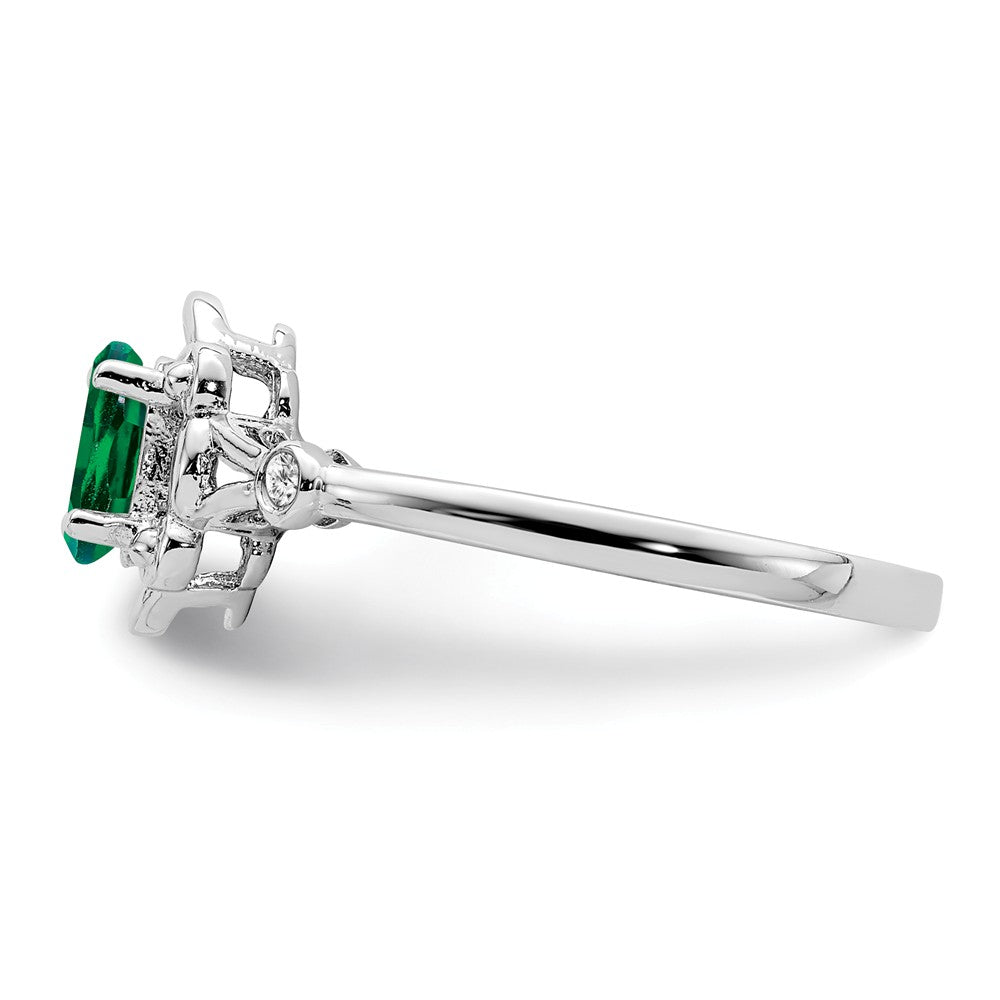 925 Sterling Silver Rhodium-plated Created Emerald & Diamond Ring, Size: 5