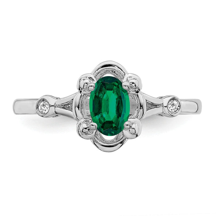 925 Sterling Silver Rhodium-plated Created Emerald & Diamond Ring, Size: 8