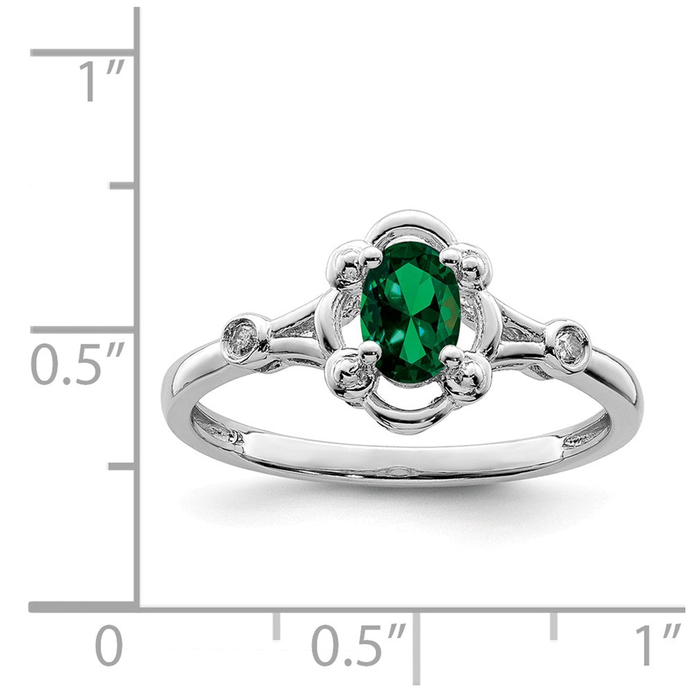 925 Sterling Silver Rhodium-plated Created Emerald & Diamond Ring, Size: 7