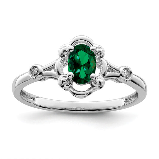 925 Sterling Silver Rhodium-plated Created Emerald & Diamond Ring, Size: 7