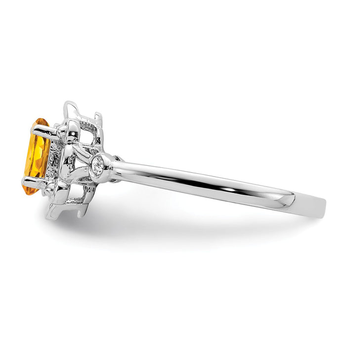 925 Sterling Silver Rhodium-plated Citrine & Diamond Ring, Size: 6