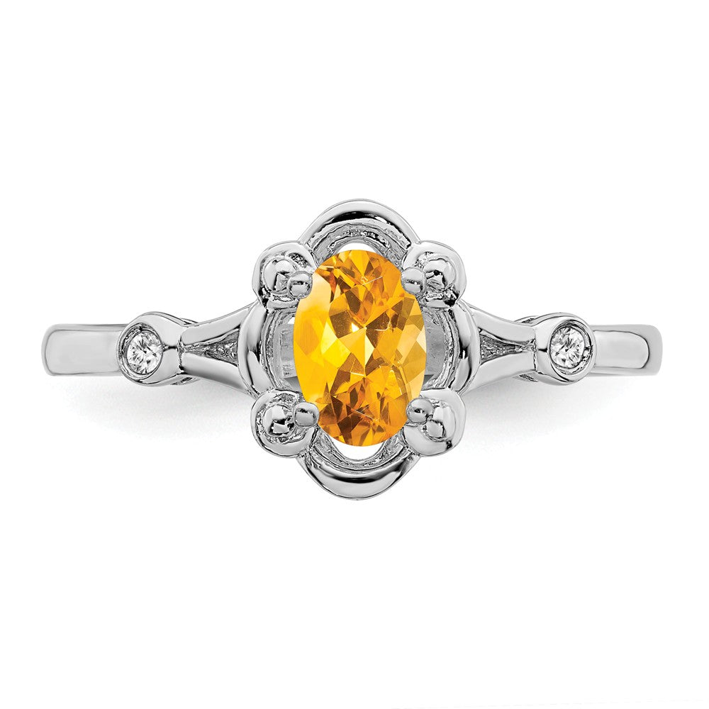 925 Sterling Silver Rhodium-plated Citrine & Diamond Ring, Size: 5