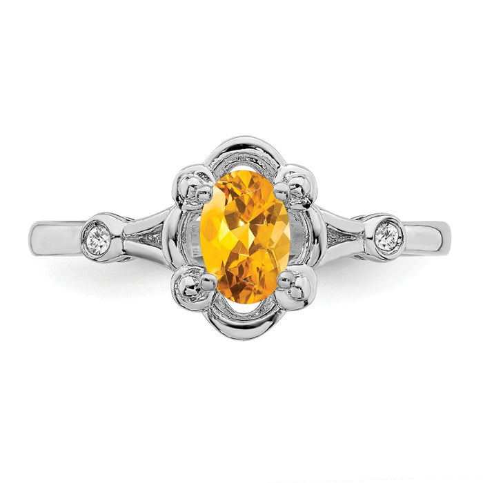 925 Sterling Silver Rhodium-plated Citrine & Diamond Ring, Size: 6