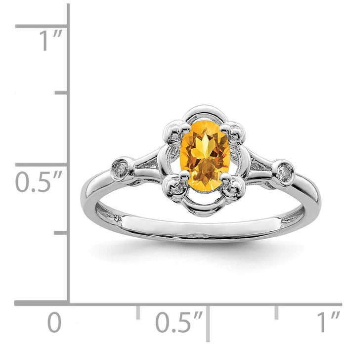 925 Sterling Silver Rhodium-plated Citrine & Diamond Ring, Size: 7