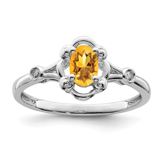 925 Sterling Silver Rhodium-plated Citrine & Diamond Ring, Size: 7