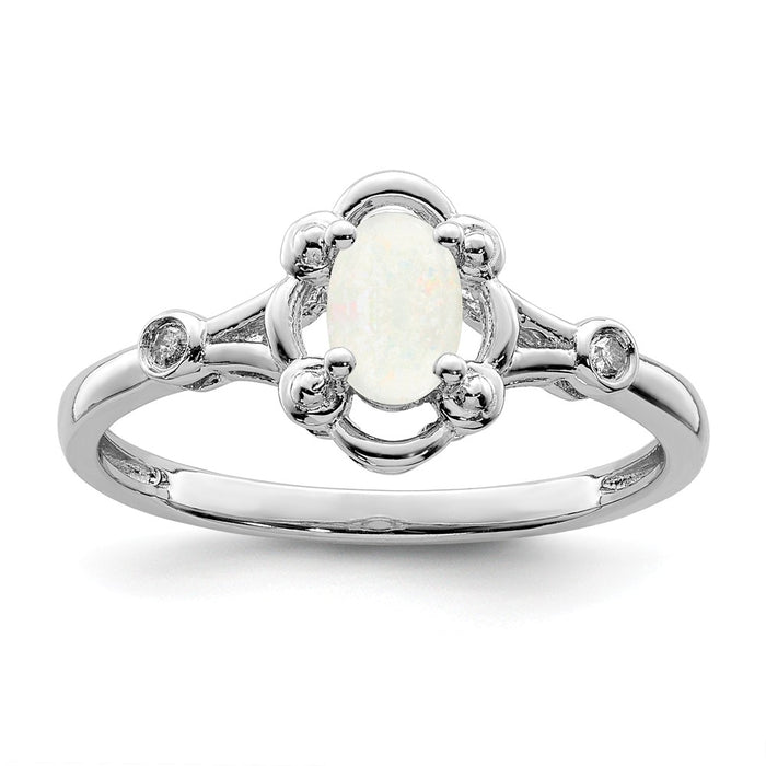 925 Sterling Silver Rhodium-plated Created Opal & Diamond Ring, Size: 7