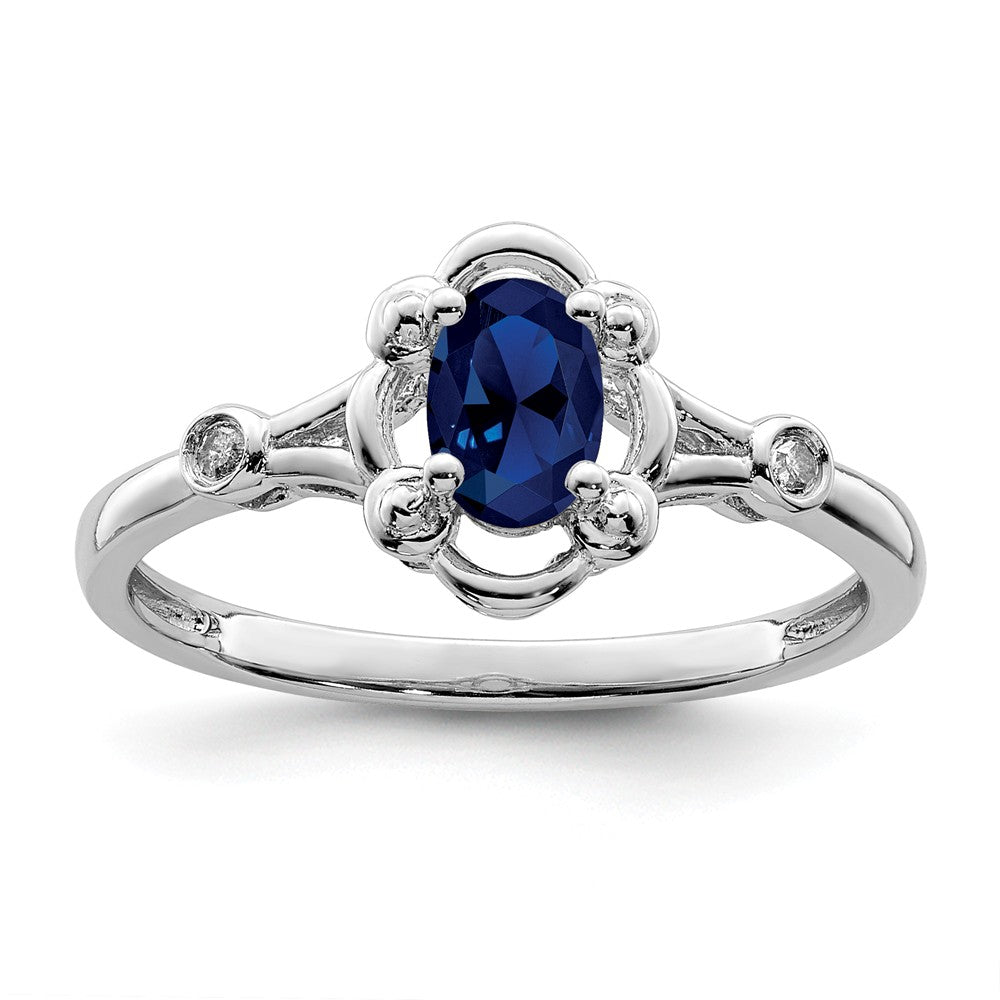 925 Sterling Silver Rhodium-plated Created Sapphire & Diamond Ring, Size: 6