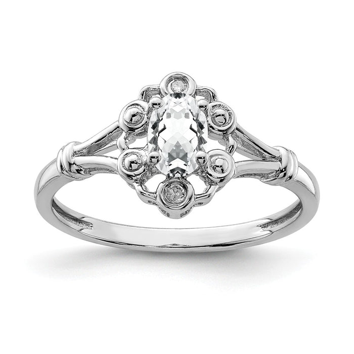 925 Sterling Silver Rhodium-plated White Topaz & Diamond Ring, Size: 5