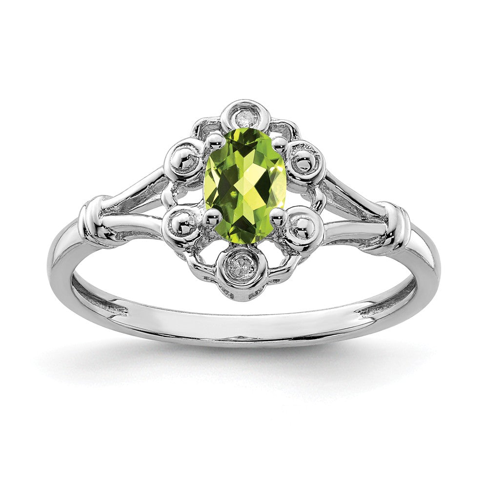 925 Sterling Silver Rhodium-plated Peridot & Diamond Ring, Size: 5