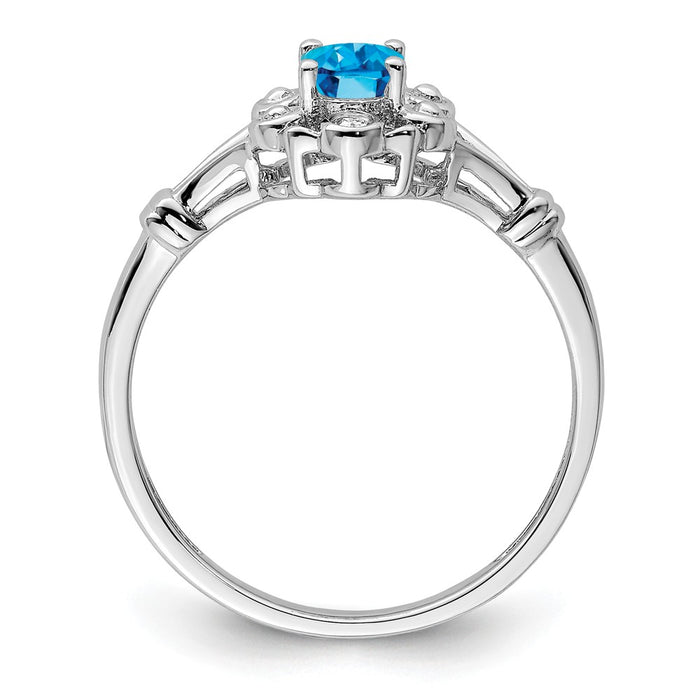925 Sterling Silver Rhodium-plated Light Swiss Blue Topaz & Diamond Ring, Size: 7