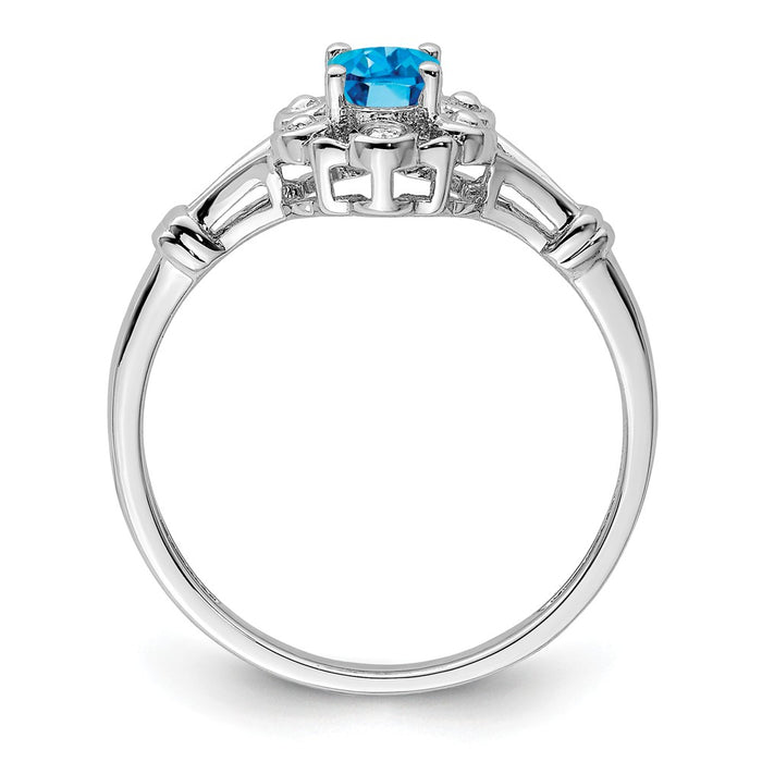 925 Sterling Silver Rhodium-plated Light Swiss Blue Topaz & Diamond Ring, Size: 9