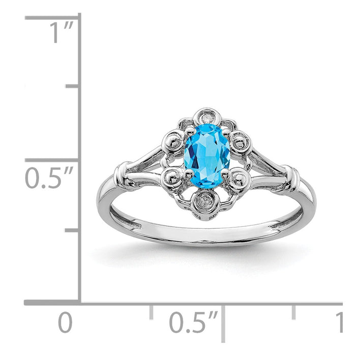 925 Sterling Silver Rhodium-plated Light Swiss Blue Topaz & Diamond Ring, Size: 9