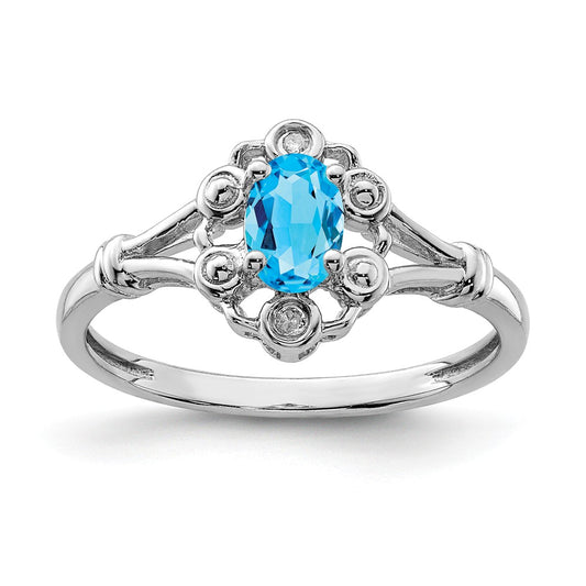 925 Sterling Silver Rhodium-plated Light Swiss Blue Topaz & Diamond Ring, Size: 6