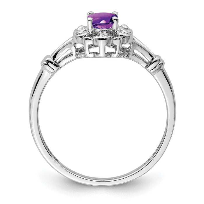 925 Sterling Silver Rhodium-plated Amethyst & Diamond Ring, Size: 7