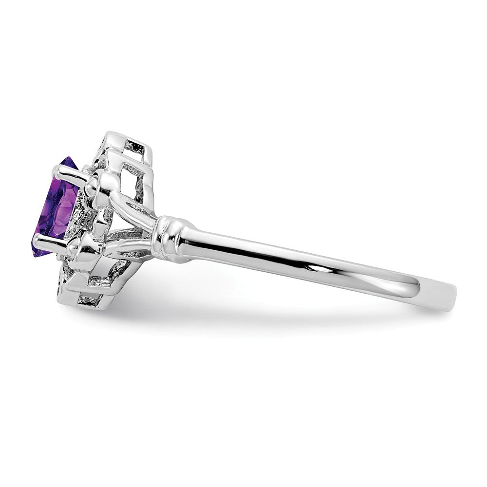 925 Sterling Silver Rhodium-plated Amethyst & Diamond Ring, Size: 7