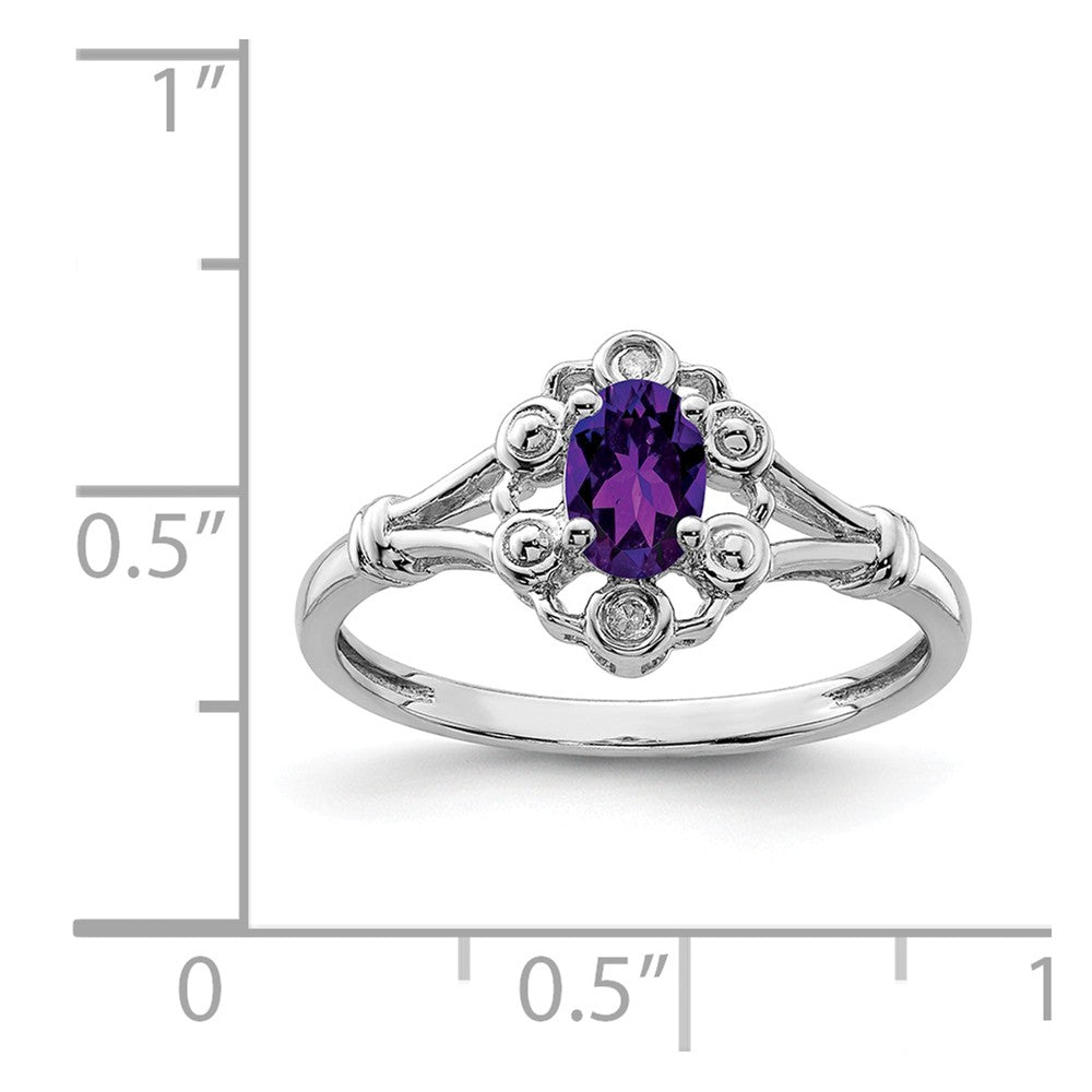 925 Sterling Silver Rhodium-plated Amethyst & Diamond Ring, Size: 7
