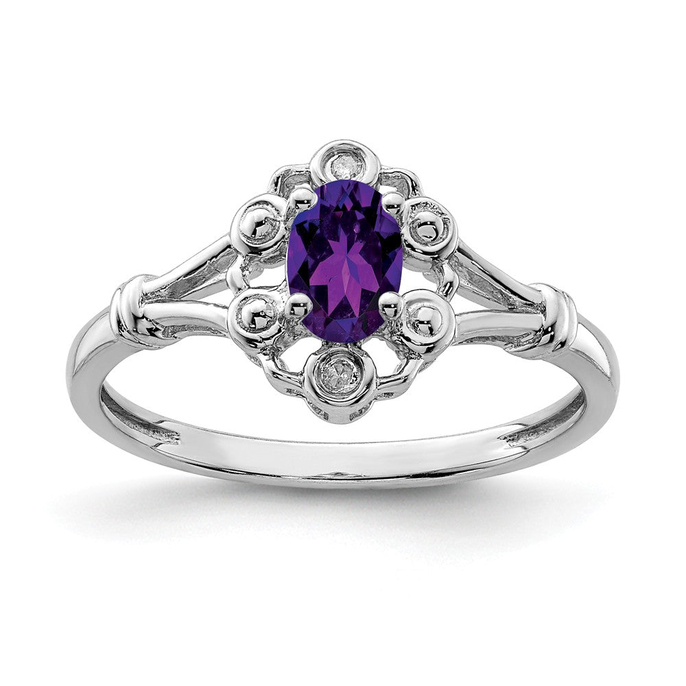 925 Sterling Silver Rhodium-plated Amethyst & Diamond Ring, Size: 7