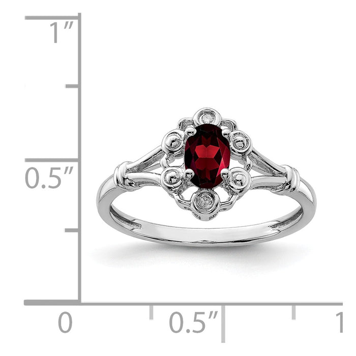 925 Sterling Silver Rhodium-plated Garnet & Diamond Ring, Size: 7