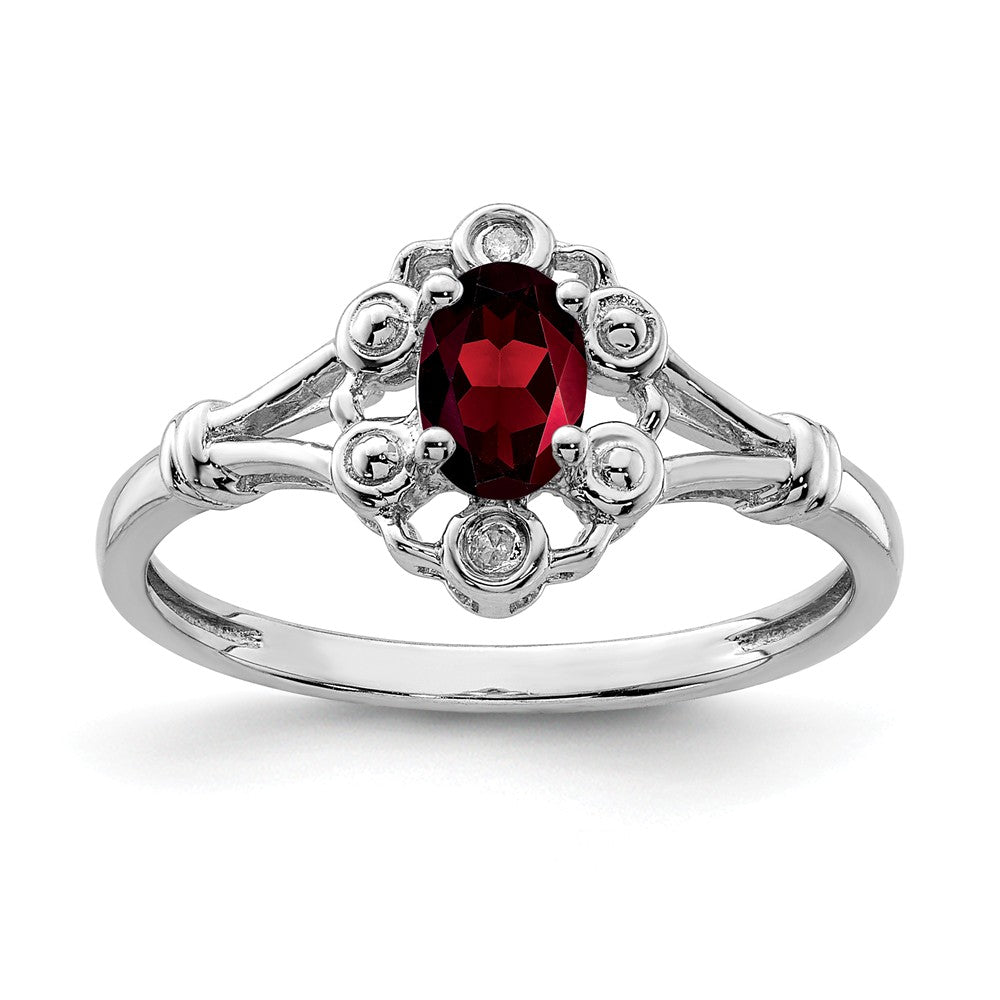925 Sterling Silver Rhodium-plated Garnet & Diamond Ring, Size: 8