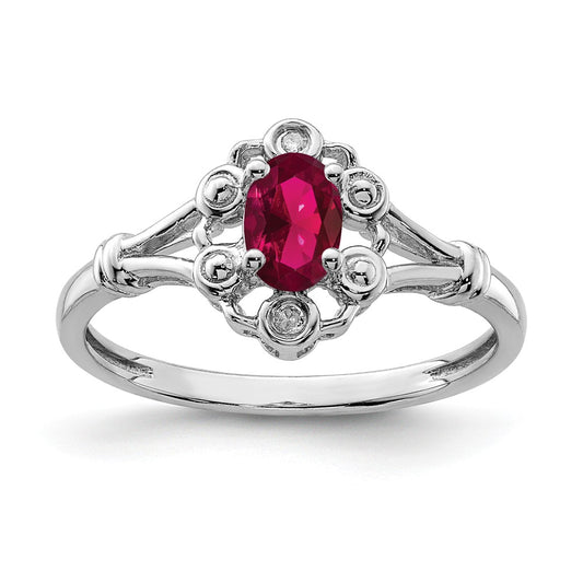 925 Sterling Silver Rhodium-plated Created Ruby & Diamond Ring, Size: 5