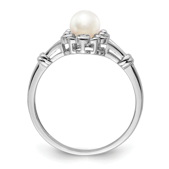 925 Sterling Silver Rhodium-plated Freshwater Cultured Pearl & Diamond Ring, Size: 10