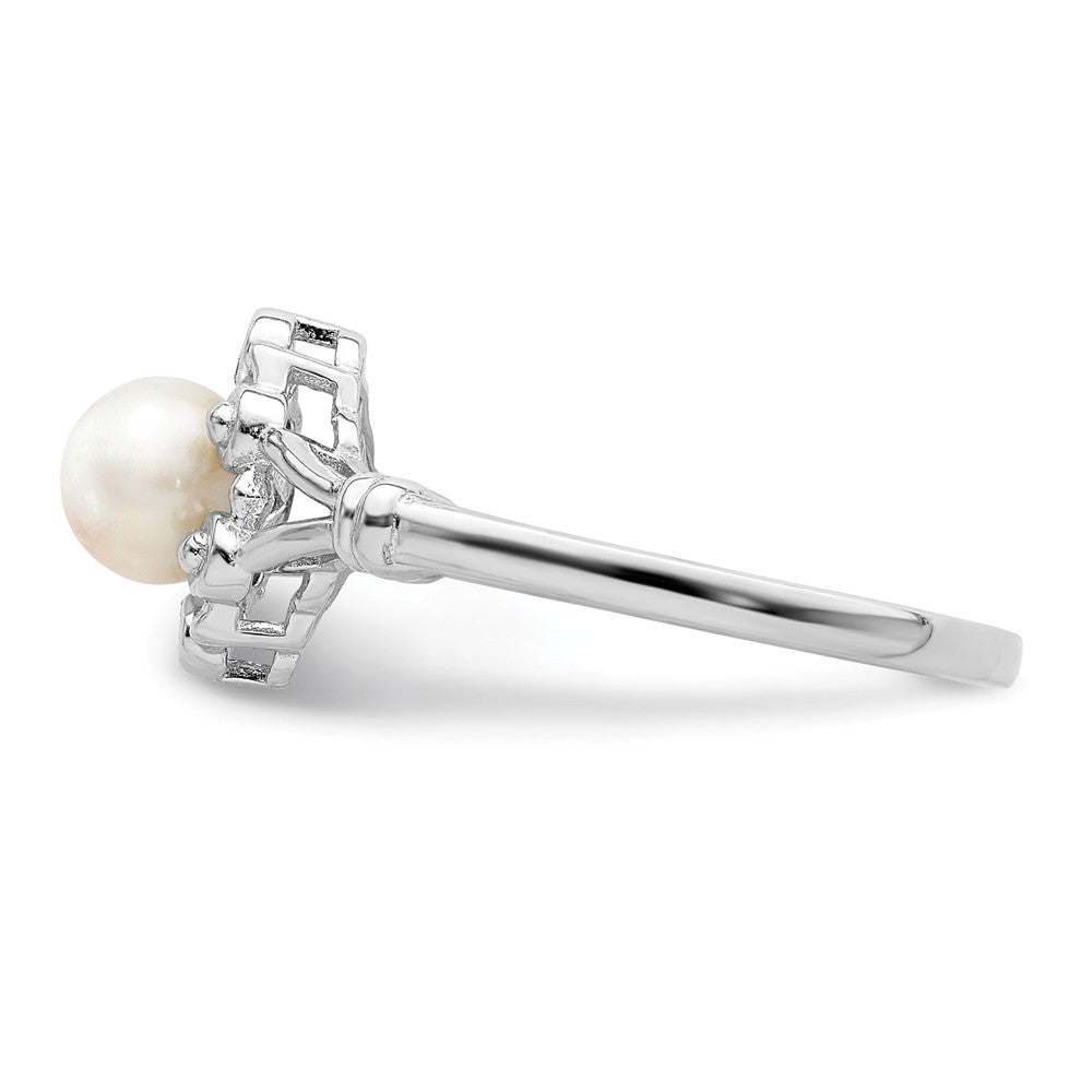 925 Sterling Silver Rhodium-plated Freshwater Cultured Pearl & Diamond Ring, Size: 5
