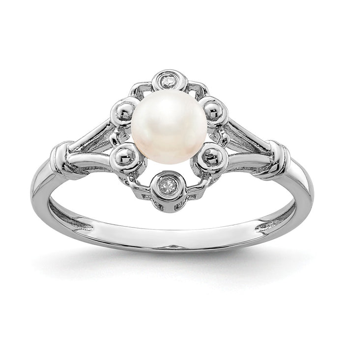 925 Sterling Silver Rhodium-plated Freshwater Cultured Pearl & Diamond Ring, Size: 5