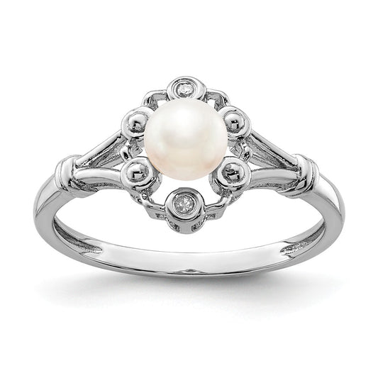 925 Sterling Silver Rhodium-plated Freshwater Cultured Pearl & Diamond Ring, Size: 10