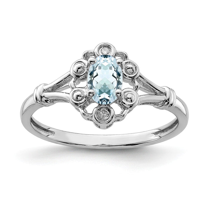 925 Sterling Silver Rhodium-plated Aquamarine & Diamond Ring, Size: 6