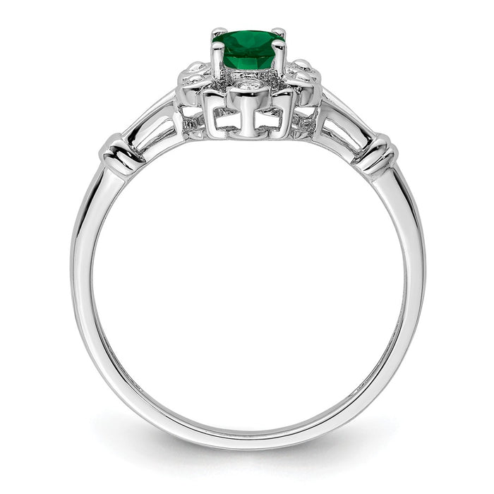 925 Sterling Silver Rhodium-plated Created Emerald & Diamond Ring, Size: 5