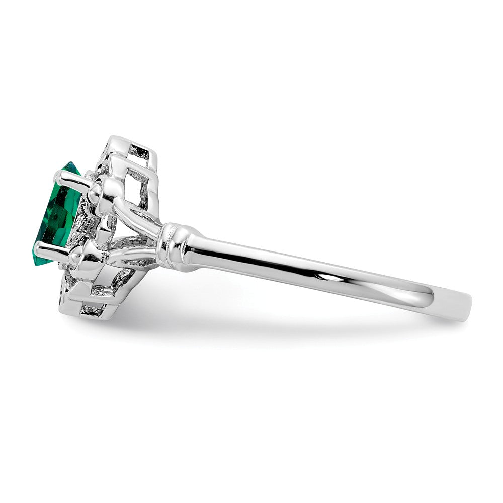 925 Sterling Silver Rhodium-plated Created Emerald & Diamond Ring, Size: 5