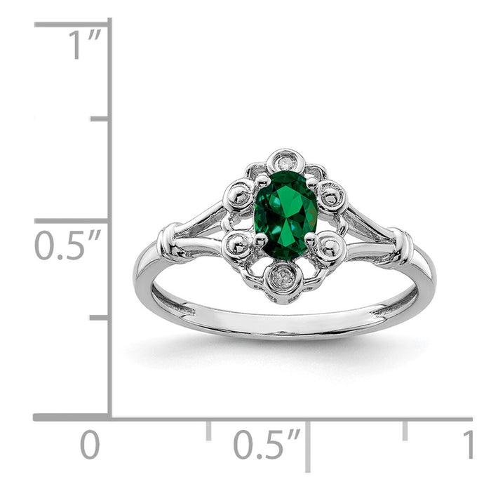925 Sterling Silver Rhodium-plated Created Emerald & Diamond Ring, Size: 6