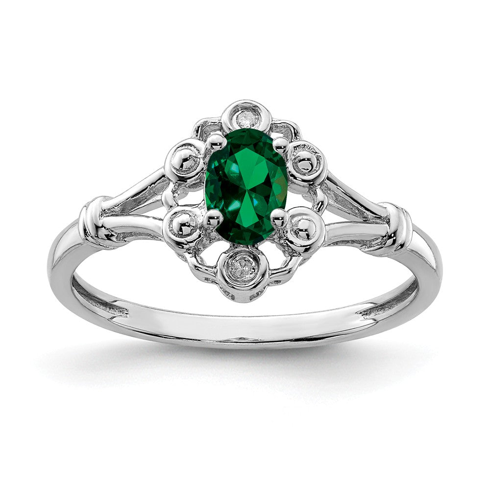 925 Sterling Silver Rhodium-plated Created Emerald & Diamond Ring, Size: 6