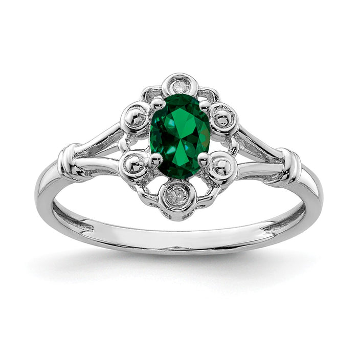 925 Sterling Silver Rhodium-plated Created Emerald & Diamond Ring, Size: 9