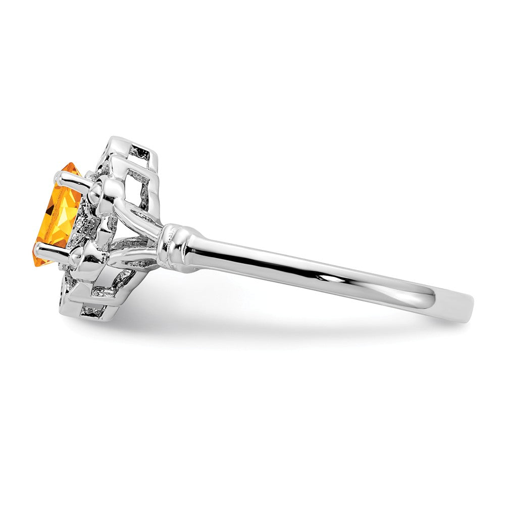 925 Sterling Silver Rhodium-plated Citrine & Diamond Ring, Size: 6