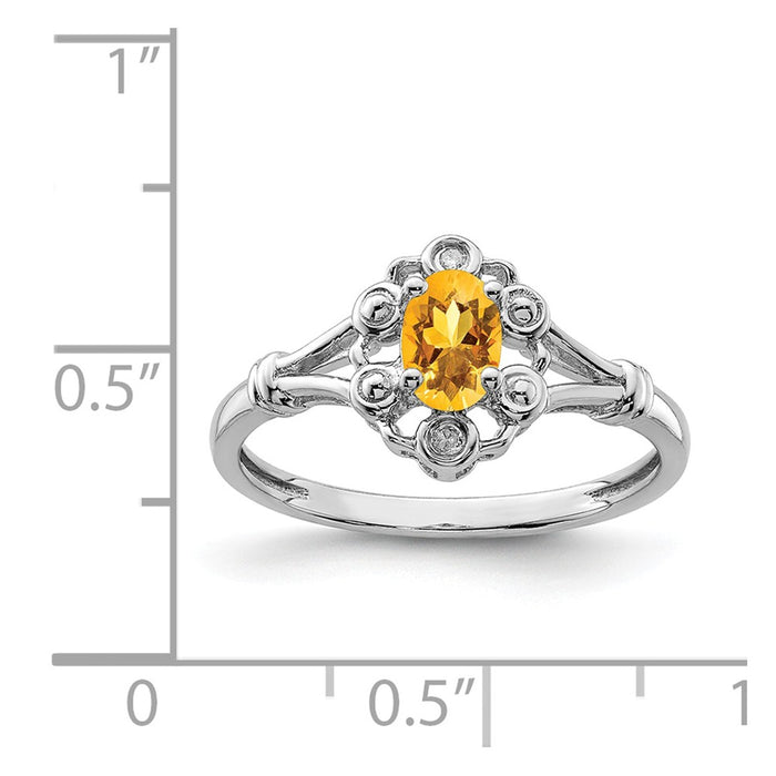 925 Sterling Silver Rhodium-plated Citrine & Diamond Ring, Size: 5