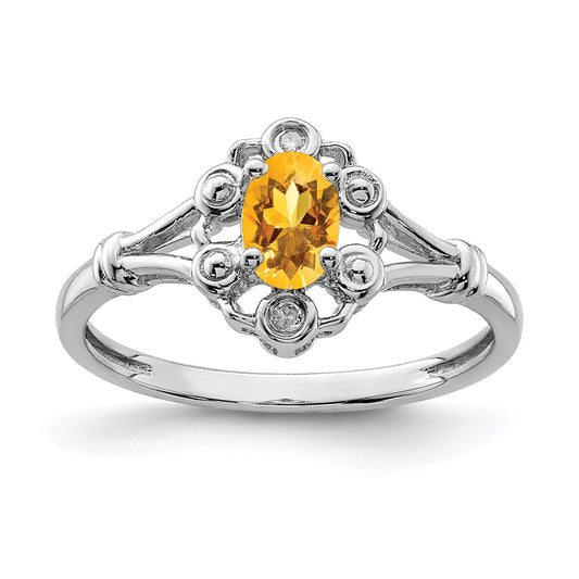 925 Sterling Silver Rhodium-plated Citrine & Diamond Ring, Size: 9