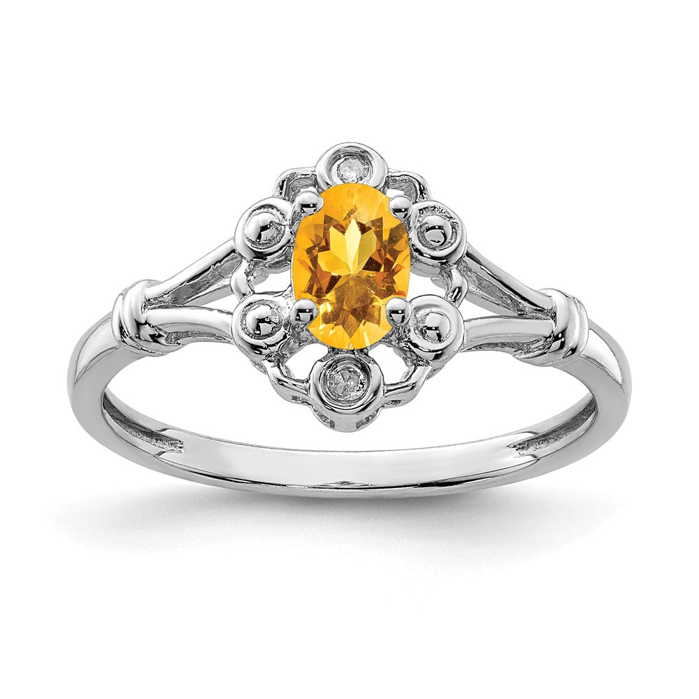 925 Sterling Silver Rhodium-plated Citrine & Diamond Ring, Size: 5