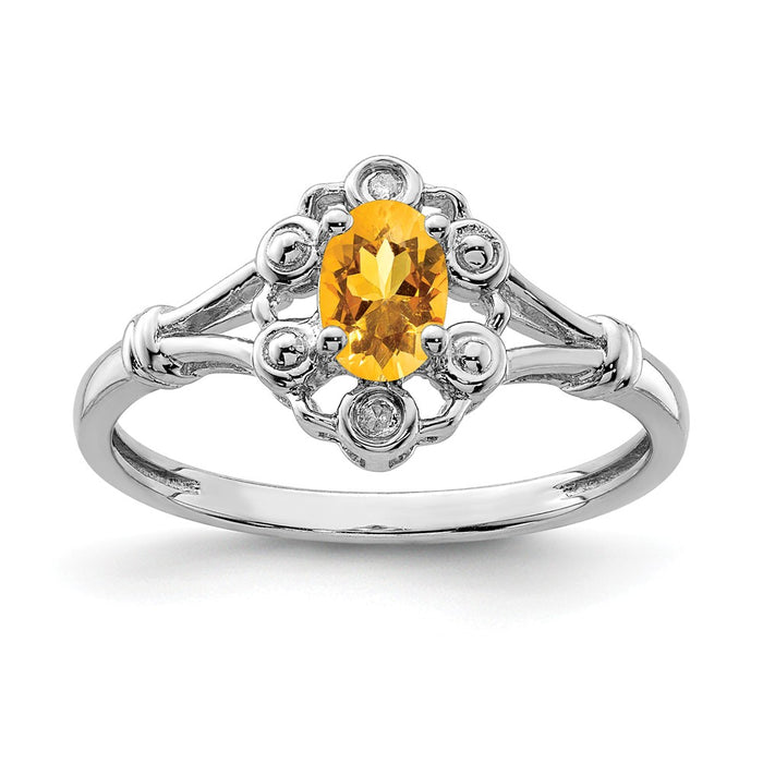 925 Sterling Silver Rhodium-plated Citrine & Diamond Ring, Size: 7
