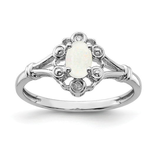 925 Sterling Silver Rhodium-plated Created Opal & Diamond Ring, Size: 5