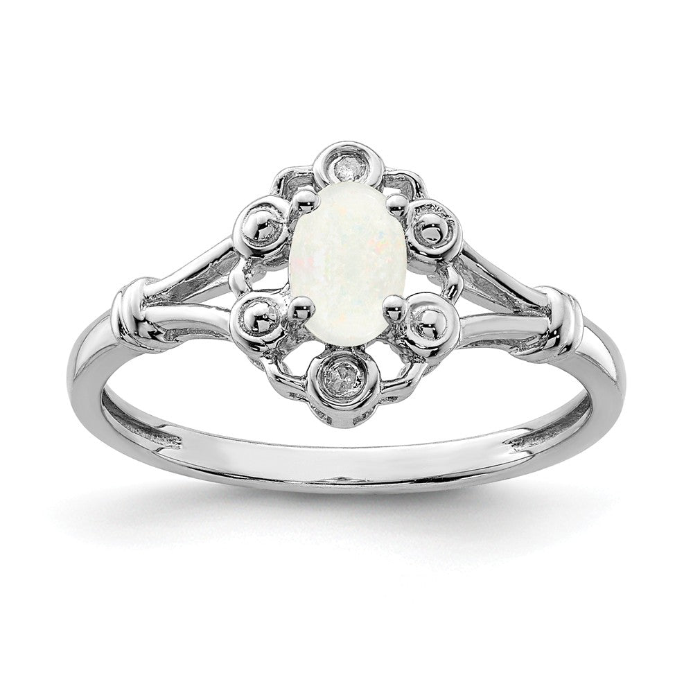 925 Sterling Silver Rhodium-plated Created Opal & Diamond Ring, Size: 8